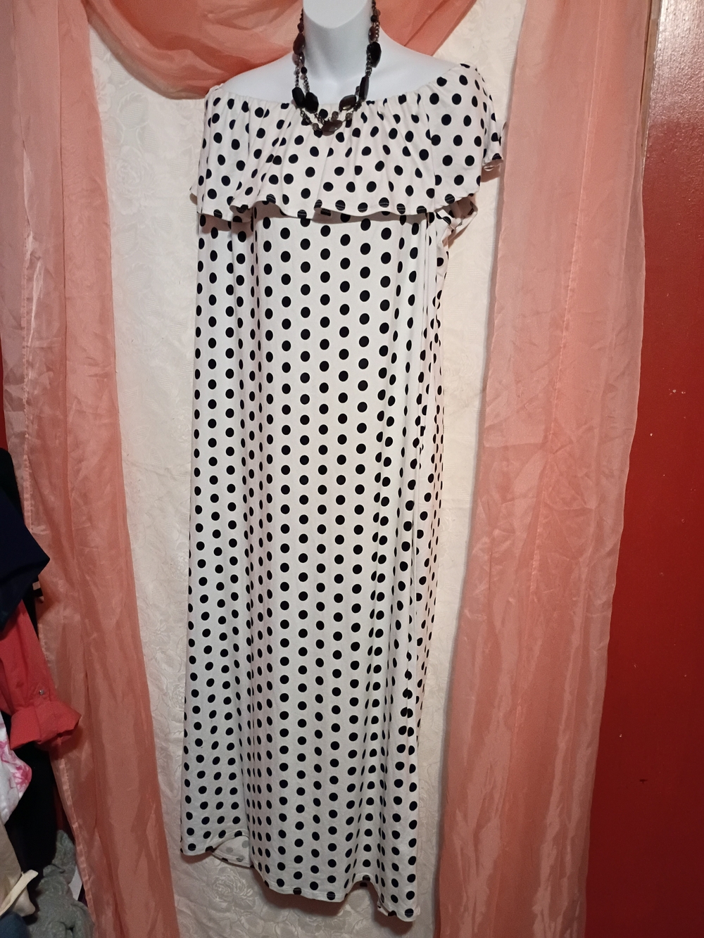 Lane Bryant Ladies White Off-Shoulder Maxi Dress w/ Black Polka Dots Sz 3X